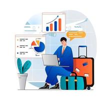 Freelance working concept in modern flat design. Businessman working on laptop while sitting in waiting room at airport. Remote worker performs tasks online on business trip. Vector illustration