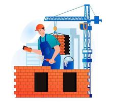 concepto de ingeniero de construcción en moderno diseño plano. El constructor hace ladrillos y construye la pared de la casa. albañil o manitas que trabaja en el sitio de construcción. negocio inmobiliario. ilustración vectorial vector