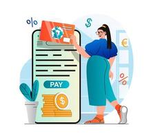 Online payment concept in modern flat design. Woman paying for purchases with credit card in mobile application. Customer conducts financial transaction in online banking app. Vector illustration