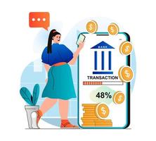 concepto de banca móvil en moderno diseño plano. mujer recibe servicios financieros en aplicación móvil. el cliente usa una cuenta bancaria en línea, realiza transacciones, almacena ahorros. ilustración vectorial vector