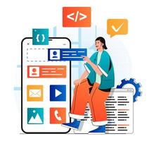 App development concept in modern flat design. Developer places buttons at layout of application mobile screen. Programmer coding code, creates ui design, settings software. Vector illustration