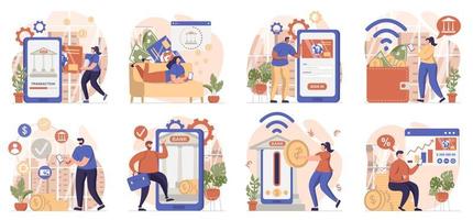 Mobile banking collection of scenes isolated. People pay, transactions and use bank services online, set in flat design. Vector illustration for blogging, website, mobile app, promotional materials.