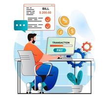 concepto de pago en línea en moderno diseño plano. El hombre realiza transacciones financieras en línea con la computadora en casa. cliente que paga la factura con tarjeta de crédito en el sitio web de la banca. ilustración vectorial vector