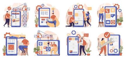 App development collection of scenes isolated. People create ui layouts and optimizes programs set in flat design. Vector illustration for blogging, website, mobile app, promotional materials.