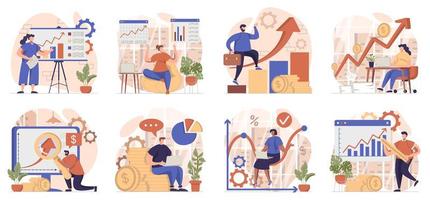 Sales performance collection of scenes isolated. People analyze financial data and income growth, set in flat design. Vector illustration for blogging, website, mobile app, promotional materials.