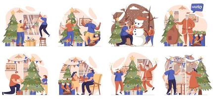 Christmas collection of scenes isolated. People decorate festive tree and celebrate holiday at home, set in flat design. Vector illustration for blogging, website, mobile app, promotional materials.