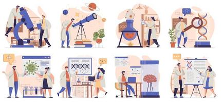 Science research collection of scenes isolated. People conduct tests, study molecules, create drugs, set in flat design. Vector illustration for blogging, website, mobile app, promotional materials.