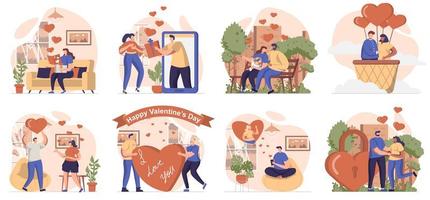 Colección de escenas del día de San Valentín aisladas. la gente tiene citas románticas, amor y relaciones, ambientadas en un diseño plano. ilustración vectorial para blogs, sitios web, aplicaciones móviles, materiales promocionales. vector