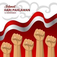 Fondo del día de los héroes de hari pahlawan o indonesia con bandera ondeando e ilustración de puños vector