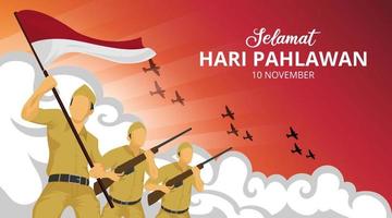 hari pahlawan o fondo del día de los héroes de indonesia con soldados en la ilustración de batalla vector