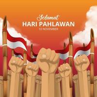 Fondo del día de los héroes de hari pahlawan nasional o indonesia con puño y afilar la ilustración de bambú vector