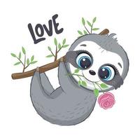 Cute little sloth with flower. Happy Valentine's day clipart. vector