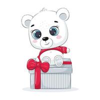 Card with a polar bear under gift box. Merry Christmas design. vector