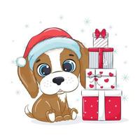 Card with a puppy with gift boxes. Merry Christmas design. vector