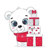 tarjeta con un oso polar con cajas de regalo. diseño de feliz navidad. vector