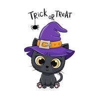 Cute kitten with hat. Happy Halloween card. Vector illustration.