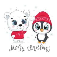 Cute polar bear with penguin. Design with phrase Merry Christmas. vector