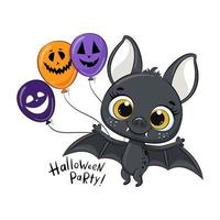 Cute bat with balloon. Happy Halloween card. Vector illustration.