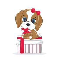 Cute puppy on the box with letter. Cartoon dog with bow. Gift for the holiday. vector