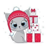 Card with a kitten with gift boxes. Merry Christmas design. vector