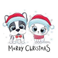 Cute kitten and puppy. Merry Christmas design. vector