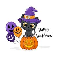 Cute kitten with hat, pumpkin and balloon. Happy Halloween card. vector