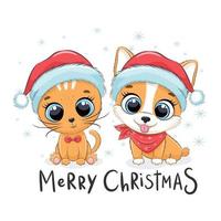 lindo gatito y cachorro. diseño de feliz navidad. vector