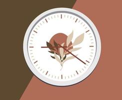 A white wall clock decorated with leaves in the middle, with background of the same colors vector