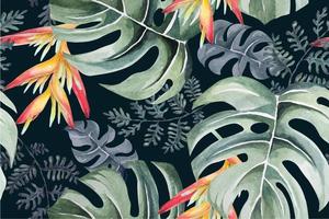 Seamless pattern heliconia and monstera tropical plant painted in watercolor.Illustration of the Bird of Paradise for fabric and wallpaper designs from the forest.