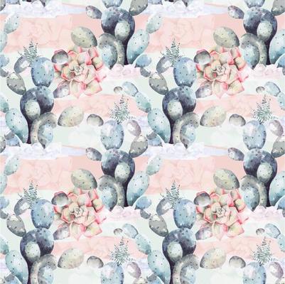 Seamless pattern cactus painted with watercolors.For the design of the wallpaper and fabric style Vintage. Nature and minimalist cactus and echeveria background.