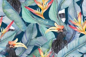 Seamless pattern heliconia and hornbill a tropical plant painted in watercolor.Illustration of the Bird of Paradise for fabric and wallpaper designs from the forest. vector