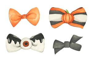Set of orange and black halloween bows. Watercolor illustration. vector