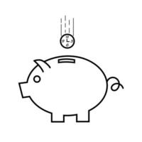 Time is money concept through line art. Clock falling in piggy bank. vector