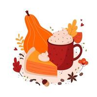 Spiced coffee and pumpkin pie with cream vector