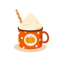 Hot pumpkin spiced latte in a disposable cup garnished with a whipped cream lid vector