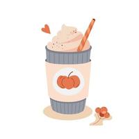 Hot pumpkin spiced latte in a disposable cup garnished with a whipped cream lid vector