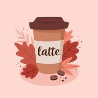 Latte in disposable paper cup decorated with autumn leaves vector