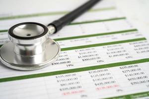 Stethoscope on spreadsheet paper, Finance, Account, Statistics, Investment, Analytic research data economy spreadsheet and Business company concept. photo