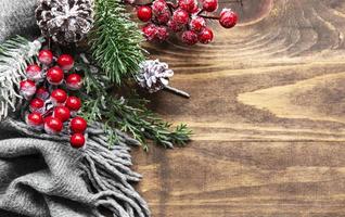 Christmas flat lay background with fir tree and decorations photo