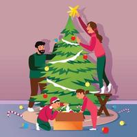 familia decorando el árbol de navidad juntos vector