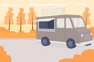 Autumn park flat color vector illustration. Coffee truck with espresso delivery. Van in public selling hot beverage. Urban recreation. Autumnal 2D cartoon landscape with no one on background