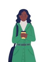 Girl with coffee in coat semi flat color vector character. Posing figure. Full body person on white. Autumn isolated modern cartoon style illustration for graphic design and animation