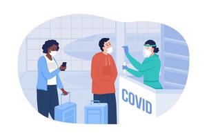 Testing for covid at airport 2D vector isolated illustration. Passengers and nurse in facial respiratory masks flat characters on cartoon background. Medical control for safe travel colourful scene