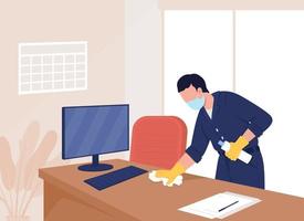 Sanitazing office flat color vector illustration. Health precaution post covid. Quarantine measures. Professional cleaner at work 2D cartoon character with corporate employee cabinet on background