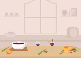 Cooking mulled wine flat color vector illustration. Preparing homemade alcoholic drink. Hot punch. Home kitchen with cooking ingredients 2D cartoon interior with no people on background