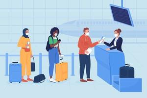 Safe boarding in airport terminal flat color vector illustration. Post covid health precaution. Passengers in facial respiratory masks 2D cartoon characters with airport blue interior on background