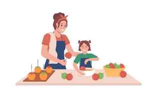 madre con niño cocinero personajes vectoriales de color semi plano. posando figuras. personas de cuerpo entero en blanco. hacer manzanas de caramelo aislado ilustración de estilo de dibujos animados moderno para diseño gráfico y animación vector