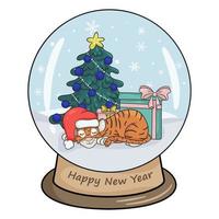 Christmas crystal ball with winter landscape, tiger with gifts sleeping near the Christmas tree. Vector illustration isolated white background in cartoon style.