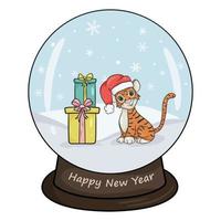 Christmas crystal ball with winter landscape, tiger and gift. Vector illustration isolated white background Cartoon style.