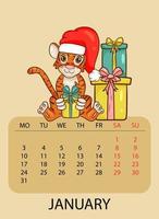 Calendar design template for January 2022, the year of the tiger according to the Chinese calendar, with an illustration of tiger in Santa Claus hat with gifts. Table with calendar for January 2022. vector